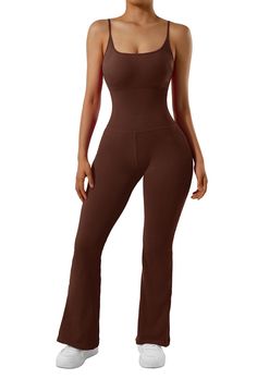 Seamless Ribbed Flare Jumpsuit-SUUKSESS High Stretch Solid Color Bodysuit With Adjustable Straps, Solid Stretch Jumpsuits And Rompers With Spaghetti Straps, Seamless Solid Color Jumpsuits And Rompers With Spaghetti Straps, Stretch Bottoms With Adjustable Spaghetti Straps, High Waist Bottoms With Adjustable Straps And Stretch, High Waist Stretch Bottoms With Adjustable Straps, High-waist High-stretch Jumpsuit Or Romper, Workout Bodysuit With Spaghetti Straps, Solid Bodysuit With Spaghetti Straps For Workout