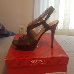 Guess Heels New Never Worn Brown Size 6 Gold Stiletto Heels, Cheetah Print Heels, Gold Stilettos, Guess Heels, Kitten Heel Sandals, Black Stilettos, Low Heel Sandals, Faux Leather Heels, Guess By Marciano