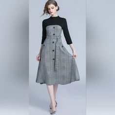 Nwot. Never Worn. 100% Polyester; Machine Wash Cold; Imported; Color: Grey, Black, White Black Belted Dress For Office In Spring, Black Belted Dress For Office And Spring, Plaid Midi Dress For Work, Black Long Sleeve Plaid Dress For Work, Long Sleeve Black Plaid Dress For Work, Black Plaid Dress For Work, Fall Workwear Midi Dress With Half Sleeves, Houndstooth Midi Dress For Work, Black Plaid Dress For Work In Spring