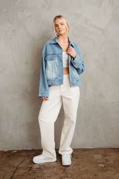 You'll never go out of style in the Daria Denim Jacket! This denim jacket is made of a medium wash denim and features a collared neckline, buttoning pockets and cuffs, front welted pockets, and a full button placket. Pair with the Levi's Baggy Dad Jeans in Barely Freezing to compete this trendy and casual look! Details 92% Cotton, 3% Viscose, 5% Polyester Unlined Adjustable sides﻿ Hand wash cold / Line dry American Threads, Dad Jeans, Ruffled Maxi Dress, Sweater Sale, Lace Ruffle, Bodycon Mini Dress, Casual Jacket, Button Placket, Out Of Style