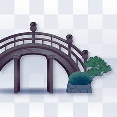 a wooden bridge over a pond with a bonsai tree