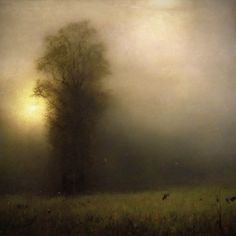 a painting of a foggy field with a tree in the foreground and birds on the ground