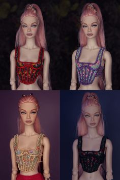 four different views of barbie dolls with pink hair and dress up clothes, one is wearing a tiara