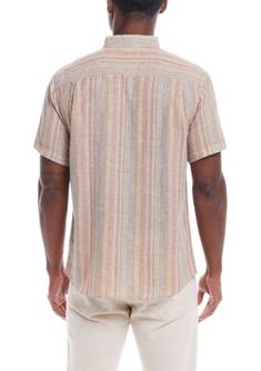 Crafted from a blend of soft fabrics, this printed short-sleeve shirt from Weatherproof Vintage is finished with a classic collared neckline and a button-front closure. | Weatherproof Vintage Men's Short Sleeve Linen Cotton Striped Shirt, Medium Spring Yarn-dyed Collared Shirt, Spring Short Sleeve Yarn-dyed Shirt, Collared Yarn-dyed Top For Summer, Yarn-dyed Collared Top For Summer, Summer Collared Yarn-dyed Top, Yarn-dyed Short Sleeve Tops For Summer, Spring Short Sleeve Yarn-dyed Tops, Spring Yarn-dyed Short Sleeve Tops, Striped Shirt