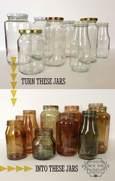 there are many different types of jars in this photo and one is labeled turn these jars into glass jars