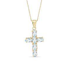 You'll love showing off this gorgeous aquamarine pendant. It captures the beauty that is a loving relationship. Featuring an array of amazing aquamarines, this cross pendant is picture-perfect and timeless, much like your love. Size: one size. Color: Gold. Gender: female. Age Group: adult. Fine Jewelry White Aquamarine, White Aquamarine Fine Jewelry, Fine White Aquamarine Jewelry, Aquamarine Light Blue Necklace For Anniversary, Anniversary Aquamarine Necklace With Diamond Accents, Light Blue Gemstone Necklace For Anniversary, Light Blue Pendant Necklace For Anniversary, Aquamarine Necklace With Diamond Accents For Gift, Aquamarine Pendant Necklace For Anniversary