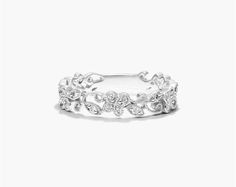 14K White Gold Vine Motif Diamond Ring. This beautiful band features intricate vine patterns with round brilliant cut diamonds set all around the band. The delicate milgrain contour of the vine motif provides a vintage and romantic look to the band. This band would make a lovely wedding band or can be worn with other stackable rings. 25 Anniversary Rings, Fancy Engagement Rings, Stackable Rings Wedding, Jewelry Photoshoot, Fancy Rings, Jewelry Ring Box, Diamond Cluster Ring, Silver Wedding, Round Brilliant Cut Diamond