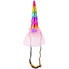 a pink hat with a rainbow horn and flowers on the top is shown in front of a white background