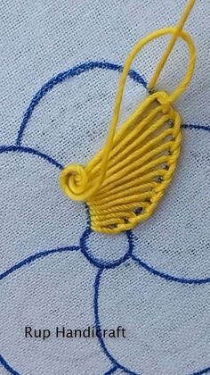 a close up of a yellow object on a blue and white cloth