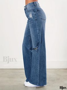 Bjux - Womens Blue Raw-Cut Straight Jeans with Loose Fit and Ripped Holes - Non-Stretch Wide-Leg Casual Denim Pants Ripped Full-length Pants For Spring, Ripped Full Length Bottoms For Spring, Spring Ripped Full Length Pants, Spring Full Length Ripped Bottoms, Spring Full Length Ripped Pants, Ripped Full-length Blue Bottoms, Ripped Blue Full-length Bottoms, Blue Ripped Full-length Bottoms, Ripped Non-stretch Straight Leg Bottoms