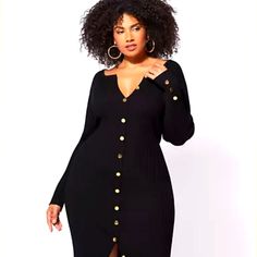 Size 3 (Plus Size) Black Devyn Sweater Dress From Fashion To Figure. New W/Tags, Features Non-Functional Gold Button Details Down The Front And On The Sleeves (Dress Is A Pullover Style) With A V-Neckline. Ribbed Knit Fabric Is 80% Rayon And 20% Polyester. Black Plus Size Sweater Dress, Sweater Dress With Belt Plus Size, Black Sweater Dress With Boots Plus Size, 70 Fashion, Long Sleeve Mesh Dress, Figure Dress, Denim Jean Dress, Bodycon Sweater Dress, Gown Plus Size