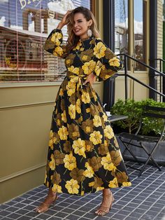 Multicolor Modest Collar Long Sleeve Fabric Floral,All Over Print A Line Embellished Non-Stretch Spring/Fall Women Clothing Belted Maxi Dress, Moda Floral, Shein Dress, Floral Print Maxi Dress, Floral Print Maxi, Modest Dresses, Womens Maxi Dresses, Long Sleeve Maxi Dress, Belted Dress