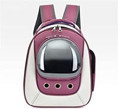 a pink and white backpack with a cat in it's back pocket on the side