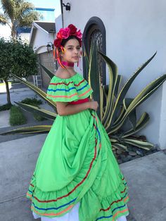 1 Mexican Dress TWO PIECE GREEN one size fit most TEEN AND WOMANS SIZES Two piece mexican dress 1 Mexican Dress one size fit most TEEN AND WOMANS SIZES 24 x 24 inches arm pit to arm pit 23 inches long Blouse 35 Inches long Skirt Belt not included Rebozo not included Measurements 90CM Bohemian Summer Costume Dress, Green Summer Costume Dress, Green Ruffled Costume Dress, Green Ruffled Dress For Costume, Fitted Green Hippie Dresses, Green Hippie Dress With Short Sleeves, Traditional Green Dresses With Ruffles, Multicolor Bohemian Costume Dress, Bohemian Multicolor Costume Dress