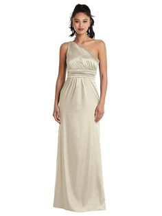 One-shoulder Draped Satin Maxi Bridesmaid Dress In Champagne | The Dessy Group Maxi Bridesmaid Dresses, Infinity Dress, Bridal Party Dresses, Bridesmaid Style, Dress Order, Color Champagne, Satin Maxi, Satin Maxi Dress, Dress Measurements