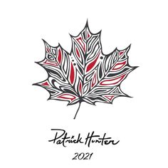 a red and black maple leaf with the words patrick horton on it's side