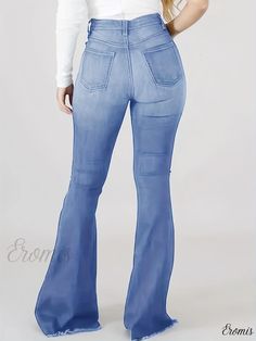 Eromis - High-Waisted Blue Ripped Flared Jeans with Raw Hem and Distressed Slash Pockets - Bell Bottom Denim Pants for Women Ripped Full Length Bottoms For Spring, Spring Full Length Ripped Bottoms, Ripped Full-length Blue Bottoms, Blue Ripped Full-length Bottoms, Ripped Blue Full-length Bottoms, Ripped Denim Blue Flare Bottoms, Ripped Flare Bottoms In Denim Blue, Ripped Full Length Medium Wash Bottoms, Stretch Ripped Flare Bottoms