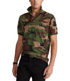 From Polo Ralph Lauren&#x2C; this shirt features: Camo patternribbed polo collarShort sleeves with ribbed armbandsTwo-button placketSignature embroidered Pony at the left chestClassic fitTennis tailCottonMachine wash; tumble dryImported. Green Casual Polo Shirt For Work, Casual Short Sleeve Polo Shirt For Fall, Military Style Collared Tops For Spring, Military Collared Tops For Spring, Spring Military Style Collared Tops, Military Style Collared Cotton Top, Fitted Military Collared Top, Fitted Collared Military Top, Camouflage Fitted Short Sleeve Tops