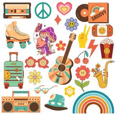 an assortment of colorful objects are arranged on a white background with peace, love, and hippie symbols