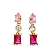 Details: Gemstone: 5a Cubic Zirconia Cut: Rectangle, Round, Pear Color: Red, Pink, Colorless Gemstone Dimensions: 7x5mm (Red And Pink), 5x5mm (Colorless) Metal: Sterling Silver With 18k Yellow Gold Plating Backing: Push Gift For Women, Christmas, Birthday, Vacation, Mother's Day, Valentine's Day, Wedding, Engagement , Bridal, Promise, Anniversary, Party Push Gifts, Birthday Vacation, Women Christmas, Anniversary Party, Day Wedding, Christmas Birthday, Gift For Women, Gemstone Colors, Gold Plating