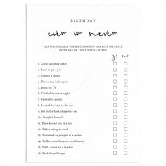 Adult Birthday Game for Him Ever or Never Printable by LittleSizzle Falling Asleep At Work, Easy Birthday Party Games, Birthday Games For Adults, Surprise Birthday Decorations, Games For Men, Birthday Party Game, Simple Birthday Party, Baby Shower Advice, Mens Birthday Party