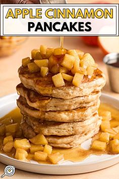 photo of a stack of five apple cinnamon pancakes topped with cooked apples and a maple syrup drizzle. Runner Recipes, Extra Fluffy Pancakes, Syrup Pancakes, Apples With Cinnamon, Recipe Runner, Apple Pancake Recipe, Apple Cinnamon Pancakes, Fall Eats, Southern Breakfast