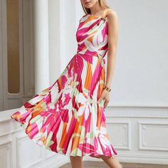 Shoulder: 34cm Length:115cm Bust: 92cm Waist Size: 74cm Hip Size: 118cm White Pleated Knee-length Sleeveless Dress, Pleated A-line Multicolor Midi Dress, Multicolor Pleated A-line Midi Dress, Pleated Multicolor A-line Midi Dress, Pleated Multicolor Midi Dress For Summer, Multicolor Pleated Midi Dress For Summer, Multicolor Pleated Midi Dress, Sleeveless Multicolor Pleated Midi Dress, Multicolor Sleeveless Pleated Midi Dress