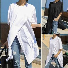 Trendy Fashion Womens Short Sleeve Long Top Shirt Wrap Crew Neck Loose Asymmetric T-shirt Tee, Women's Top Out Outfits, Cheap Blouses, Casual Tops For Women, Basic Shirts, Going Out Outfits, Casual Blouse, White Tee, Long Shirt, Split Hem