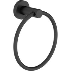 a black towel ring on a white background with the handle extended to it's left side