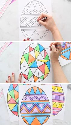 three pictures of different shapes and sizes of paper with colored pencils on top of them