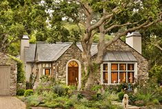 a stone house surrounded by trees and flowers with a dog standing in the front yard