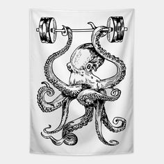 an octopus with a barbell on its back and two dumbs hanging from it's neck