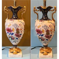 two pictures of a vase with flowers on it, one is gold and the other is white