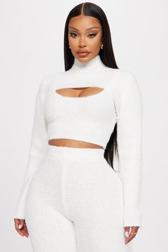 Available In Black, White, And Taupe. Cozy 3 Piece Pant Set Crop Top Bolero High Neck Long Sleeve Wide Let Pant Elastic Waistband Stretch 32" Inseam 80% Polyester 20% Nylon Imported | Feeling Cozy 3 Piece Pant Set in White size 1X by Fashion Nova Track Fits, Mode Clothes, Jodie Joe, Yodit Yemane, Sweater Sets, Fashion Nova Outfits, Chill Fits, High Neck Long Sleeve, Horse Photos