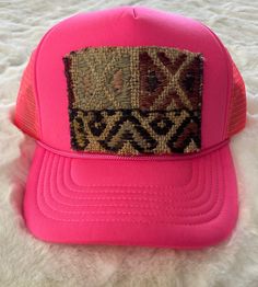 Kilim Trucker hat- handmade, upcycled from Turkish rug remnants, Pink Bohemian Cap, Bohemian Beach Trucker Hat, Handmade Snapback Baseball Cap For Festival, Bohemian Beach Baseball Cap, Bohemian Trucker Hat For Festivals, Handmade Bohemian Adjustable Trucker Hat, Handmade Trucker Hats For Festivals, Handmade Adjustable Bohemian Trucker Hat, Handmade One Size Snapback Hat