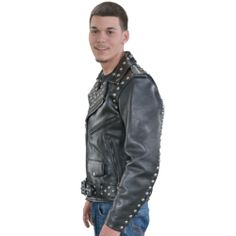 Model C with Studs - Brando Style Biker Jacket with Snap-up Belt Loops and Quilt Lining Studded Leather Jacket, Studded Jacket, Riding Jacket, Nape Of Neck, Racing Suit, Marlon Brando, James Dean, The 50s, Leather Motorcycle Jacket