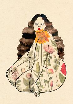 a drawing of a woman with flowers on her body