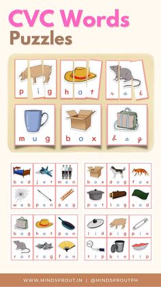 a poster with words and pictures on it that say cvvcc words puzzles