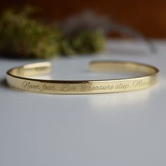 "Looking for a gift for girlfriend, boyfriend, wife or husband? Gold-plated bracelet will be a gorgeous and unforgettable  present. Gold plating comes in varying levels of quality, largely depending on the thickness and purity of the gold coating. Our Gold plated bracelets are coated with 22K gold and the thickness of the gold layer is 0.5 microns (it's sufficient even for jewelry pieces that are exposed to rough wear). - Gilted bracelet engraved with your chosen message. - The  thickness of gol Custom Engraved Bracelet, Silver Engraved Bracelet, Engraved Cuff, Gold Cuff Bracelet, Wedding Present, Personalized Bracelet, Small Jewelry Box, Gold Bracelet Cuff, Gold Engraving