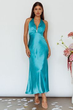 Bridesmaids Styles, Birthday Soiree, Turquoise Maxi Dress, Turquoise Dress, Bridesmaid Style, Iron Material, Clothing Tags, Silver Heels, Plunging Neckline