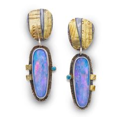 Gold, Silver & Stone Earrings - A striking matched pair of Australian Coober Pedy opal doublets take center stage in these one-of-a-kind earrings accented with faceted blue topaz.  Flashing pinks, oranges, reds and pale blues these are an unusual find! Set in sterling and 18k gold these post earrings are sure to dazzle through the festive holiday season.  Exclusive to Artful home and one-of-a-kind. Coober Pedy, Professional Gifts, Artful Home, Wall Sculpture Art, Festive Holiday, Center Stage, Holiday Festival, Stone Earrings, Blue Topaz