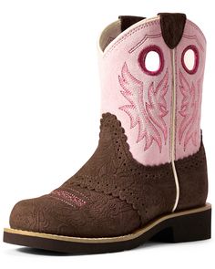 Ariat Girls' Tooled Cowgirl Western Boots - Round Toe, Brown/pink Girl Tools, Cowgirl Western, Leather Pulls, Get Directions, Western Boots, Full Grain Leather, Womens Shoes Sneakers, Cowboy Boots, Shoes Sneakers