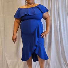 Royal Blue Solid Off Shoulder Body Con Ruffle Dress Formal Blue Midi Dress With Ruffle Hem, Blue Midi Dress With Ruffle Hem For Evening, Blue Ruffle Hem Midi Dress For Evening, Blue Ruffled Midi Dress For Night Out, Ruffle Dress, Royal Blue, Off Shoulder, Colorful Dresses, Dresses