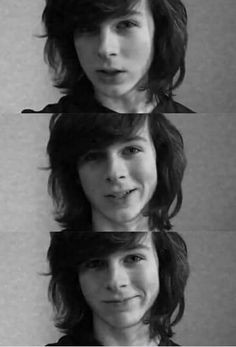 three pictures of the same person with different hair styles and facial expressions, one in black and white