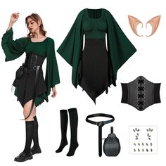 a woman is dressed up in black and green with accessories including boots, belted skirt, corset