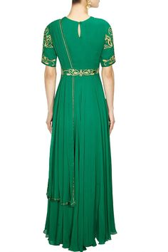 Designer Georgette Saree Gown: Perfect Panache Green Embroidered Gown For Evening, Embellished Saree Gown For Formal Occasions, Green Georgette Gown With Intricate Embroidery, Cutdana Maxi Dress For Wedding, Formal Embellished Saree Gown, Green Gown With Intricate Embroidery, Green Embroidered Evening Gown, Green Anarkali Set For Eid Formal Occasion, Bollywood Style Embroidered Maxi Dress For Reception