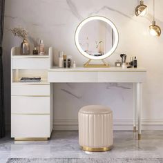 a dressing table with a mirror and stool