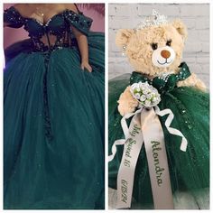 a teddy bear dressed in a green dress