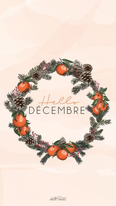 a christmas wreath with oranges and pine cones in the center on a pink background