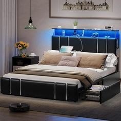 a bedroom with a bed, night stand and blue lights on the wall above it